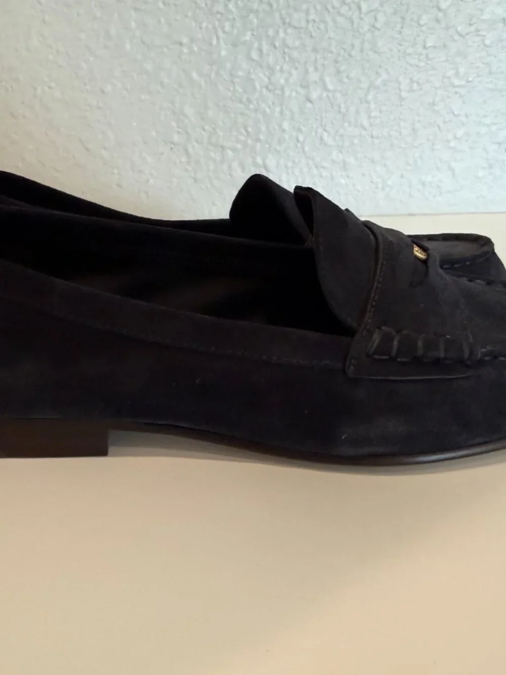 Veronica Beard Suede, Gold Coin Penny Loafers in Eclipse (Navy)